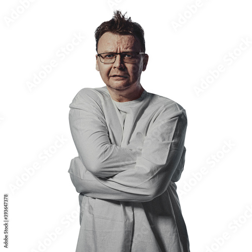madman in straitjacket on a white background