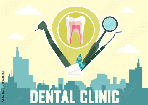 Concept of dental clinic. Geotag icon in form of tooth symbol on city background.Teeth treatment and care. Cover for template, postcard, banner, advertise. Cartoon flat vector illustration