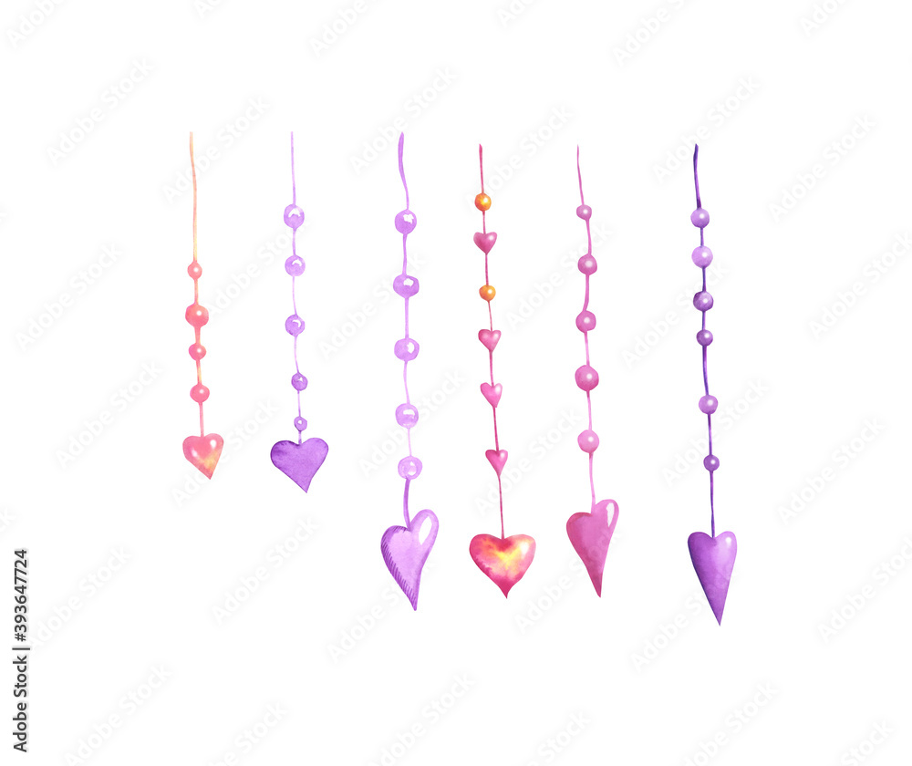 Watercolor hearts decoration isolated on white background. Beads, curtains for Valentine's day