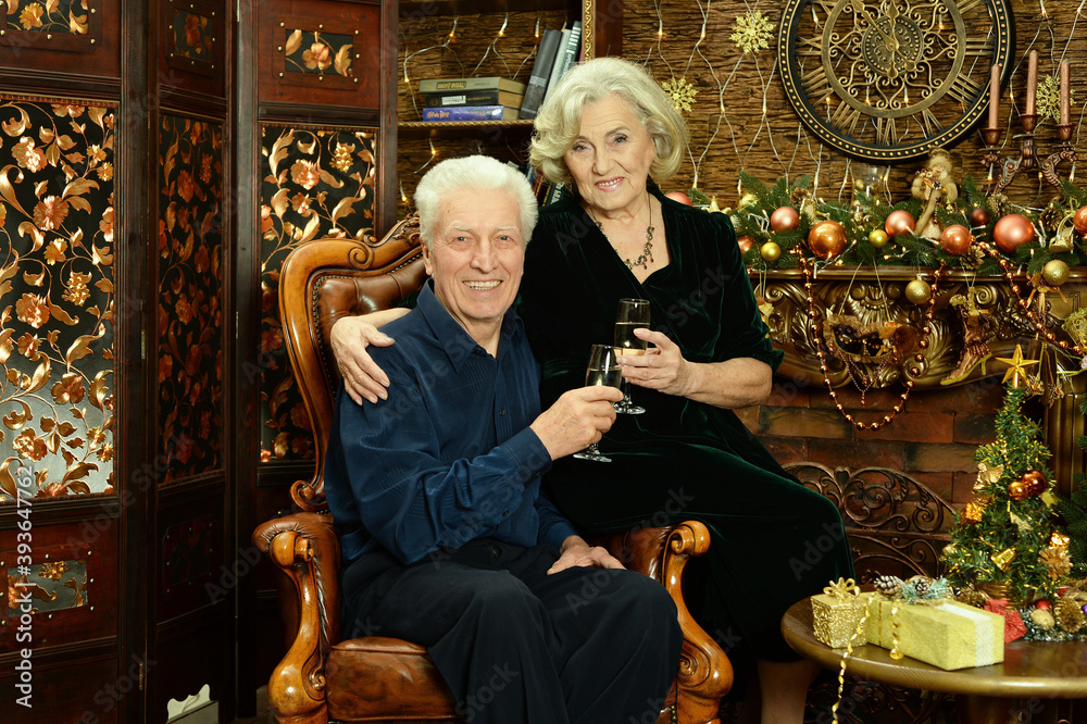 Happy senior couple with champagne on Christmas at home