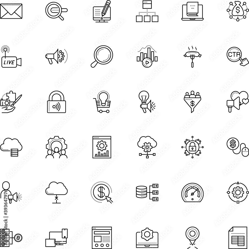 internet vector icon set such as: protection, address, person, no, diagram, fresh, data architecture, creativity, barbecue, bulb, school, fork, sign symbol-live video, document, architecture