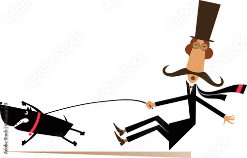 Funny long mustache and disobedient dog illustration. Cartoon long mustache man in the top tries to stop an angry dog isolated on white