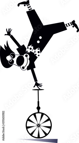 Funny clown balances on the unicycle illustration. Cartoon smiling clown balances legs up on unicycle black on white