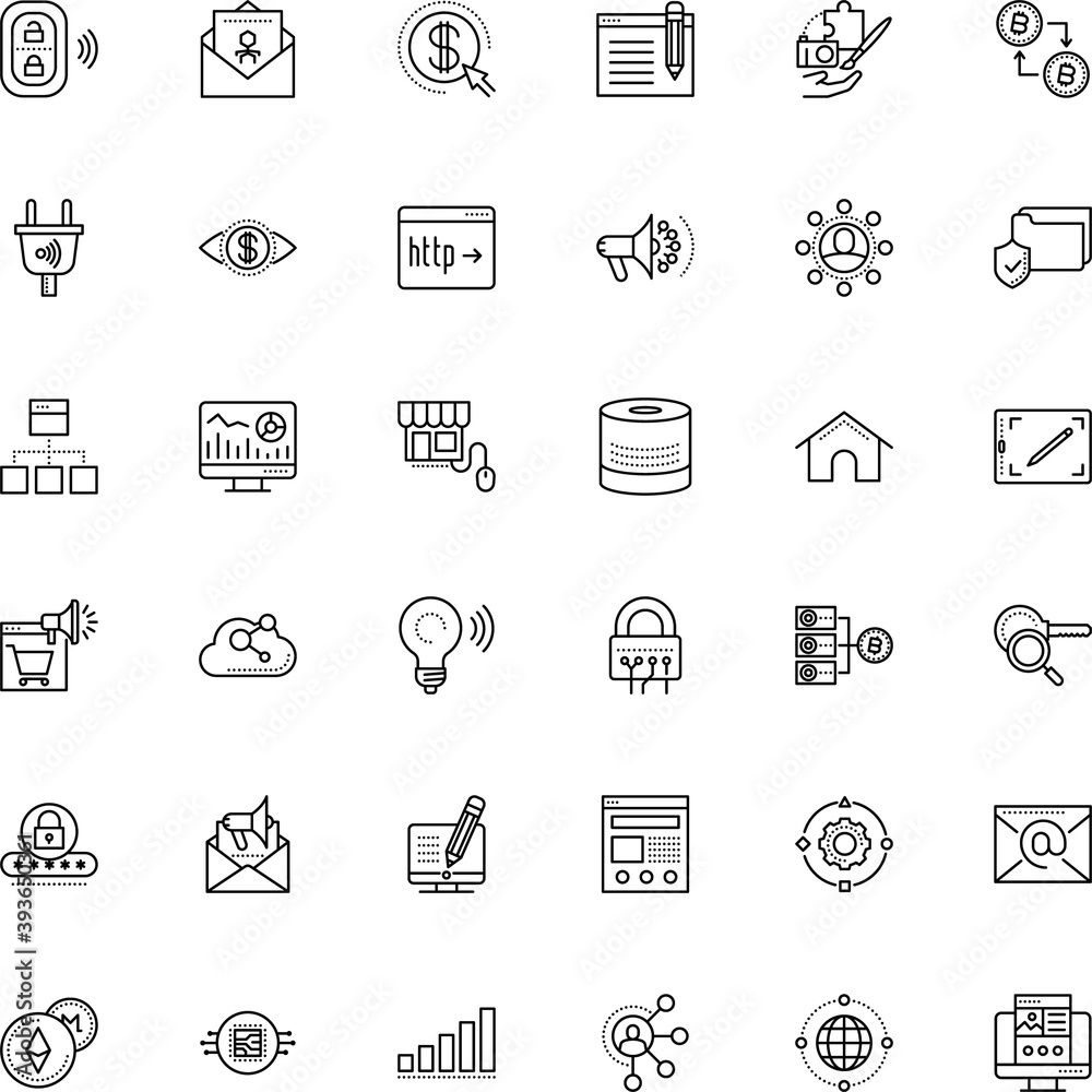 internet vector icon set such as: bar, gardening, loudspeaker, wi-fi, bulb, thumb, webpage, threat, enlarge, comment, eye, discovery, hobby, blogging, clip, inventions, bag, research, automated, thin internet vector icon set such as: bar, gardening, loudspeaker, wi-fi, bulb, thumb, webpage, threat, enlarge, comment, eye, discovery, hobby, blogging, clip, inventions, bag, research, automated, thin
