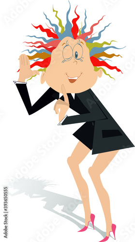Cartoon eavesdropping woman illustration. Funny young woman overhears like a spy and shows a finger to keep quiet isolated on white