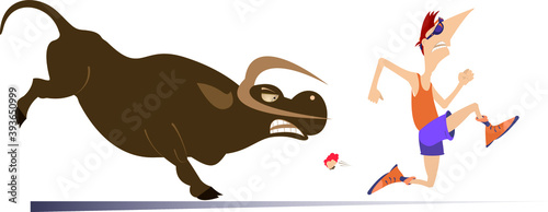Cartoon runner and angry bull illustration. Frightened sport man runs away from the angry bull isolated on white
