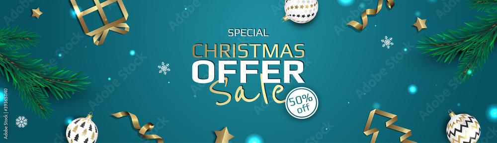 Naklejka premium Christmas banner. Background Xmas objects viewed from above. BackgroundMerry Christmas and happy New Year