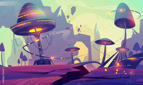 Alien planet landscape with fantasy mushrooms trees or buildings and rocks. Magical unusual nature for computer game, fairy tale background with beautiful strange plants, Cartoon vector illustration