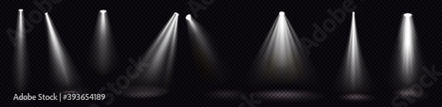 Stage lights, white spotlight beams, glowing design elements for studio or theater interior scene, lamps rays for concert, show, presentation isolated on black background Realistic 3d vector icons set