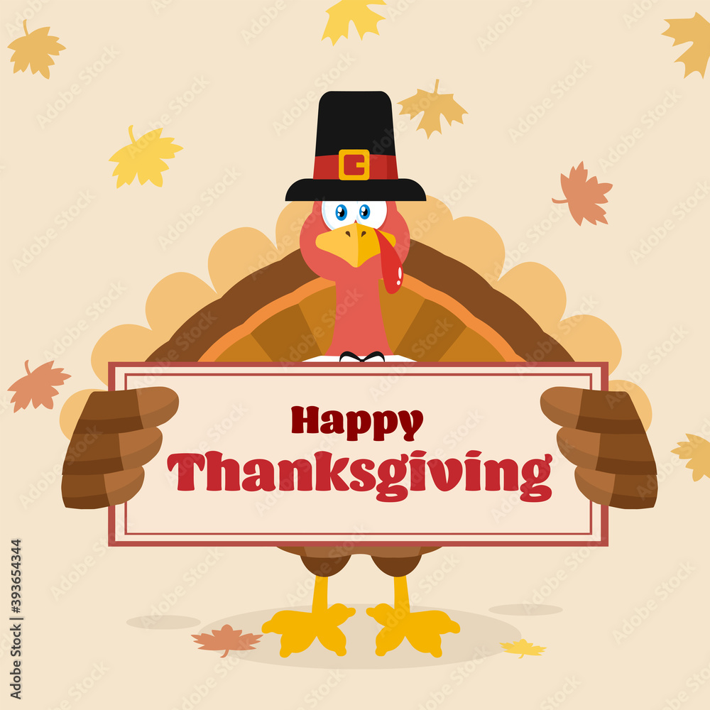 Naklejka premium Pilgrim Turkey Bird Cartoon Mascot Character Holding A Sign. Vector Illustration Flat Design Isolated On White Background