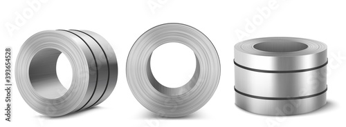 Steel sheet roll, stainless construction tape coil isolated on white background. Metallurgy industry production. Vector realistic set of metal, aluminium or tin sheet roll in front, top and angle view photo