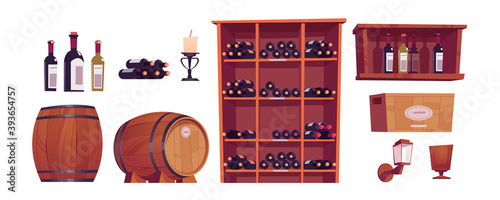 Wine bottles and barrels, wooden casks, shelf, rack and box with alcohol. Vector cartoon set of furniture in winery cellar, restaurant basement or wine shop storage room isolated on white background