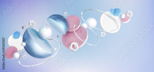 Abstract background with 3d geometric shapes on blue backdrop, pearl hemispheres, pink and white cylinders or circles with silver rings, Realistic vector banner for presentation or ads promotion