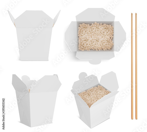 White box with rice and chopsticks, paper packaging for chinese or japanese food. Vector realistic mockup of bamboo sticks and open blank takeaway boxes with boiled basmati in front and top view