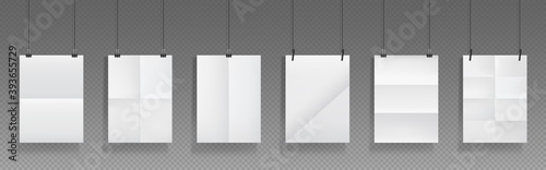 Folded blank posters hang with binder clips, white paper sheets with crossing creases and holders. Vector realistic template of empty wrinkled leaflet, flyer, document pages with folds and clamps