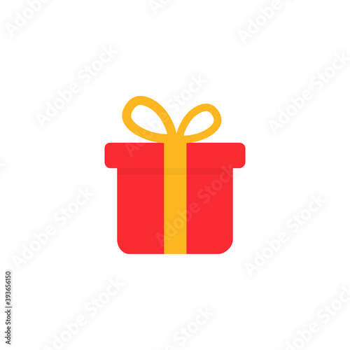 Gift box icon. Present symbol. Christmas red gift with orange ribbon isolated on the white background. Vector illustration.