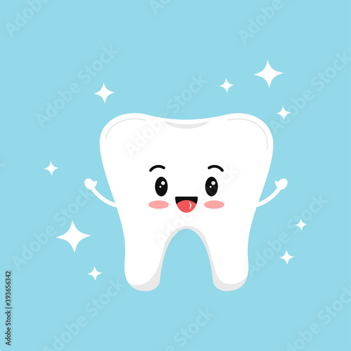 Cute strong tooth molar with sparkles. Flat design cartoon style smiling healthy character vector illustration. Happy white tooth isolated on background. Children teeth hygiene and whitening concept.