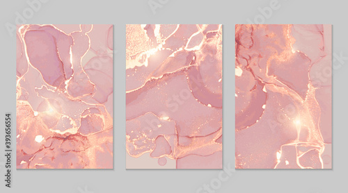 Luxury pink and gold marble abstract background set. Alcohol ink technique vector stone textures. Creative paint with glitter. Template for banner, poster design. Fluid art photo