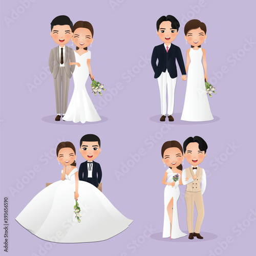 Set of characters cute bride and groom.Wedding invitations card.Vector illustration in couple cartoon in love