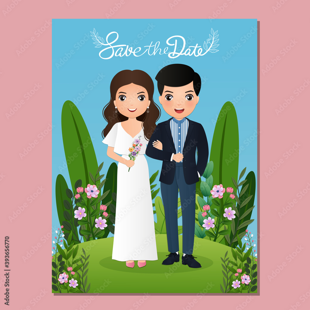 Wedding invitation card the bride and groom cute couple cartoon with  Landscape beautiful background Stock Vector | Adobe Stock