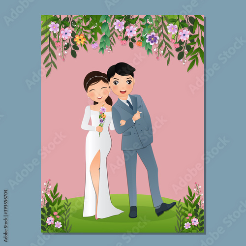  Wedding invitation card the bride and groom cute couple cartoon with Landscape beautiful background 