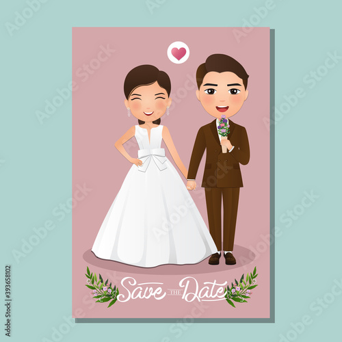 Fototapeta Naklejka Na Ścianę i Meble -   Wedding invitation card the bride and groom cute couple cartoon character.Colorful vector illustration for event celebration 