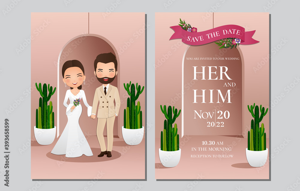 Wedding invitation card the bride and groom cute muslim couple cartoon  character with green cactus and light pink  illustration  Stock Vector | Adobe Stock