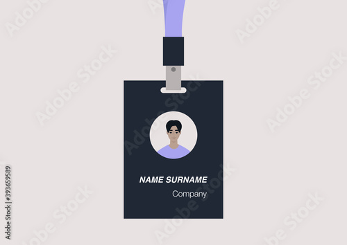 ID badge template, conference accessories, modern corporate culture, a portrait of a young male Asian character