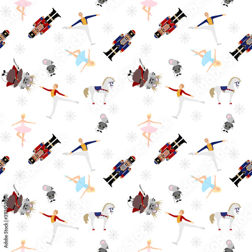Nutcracker ballet Christmas collection. A set of vector elements. Ballerina, mouse king, horse. Seamless pattern