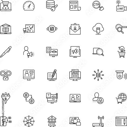 internet vector icon set such as: live, answer, interface, digital gold, magnifying, attack, questionnaire, exam, sell, gateway, cam, discovery, lead conversion, editable stroke, analysis, lightbulb