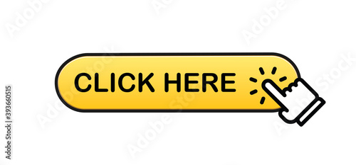 Click here button with hand clicking icon. 3d shiny style vector.