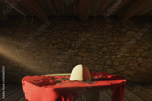 3d rendering of albanian hat and albanian flag laying on wooden table in front of stone wall photo