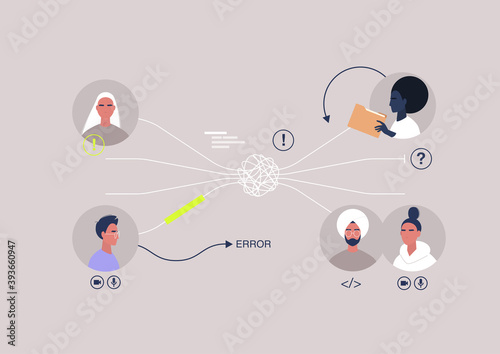 Tangled and chaotic business communication, organisational problems, misunderstanding and disagreement in teamwork