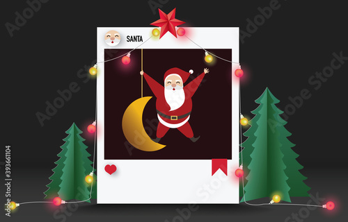 Christmas card paper art concept, Santa claus and reindeer on abstract background with light, snow, star, Christmas tree, design for web banner, poster, Christmas invitation card and new year festival