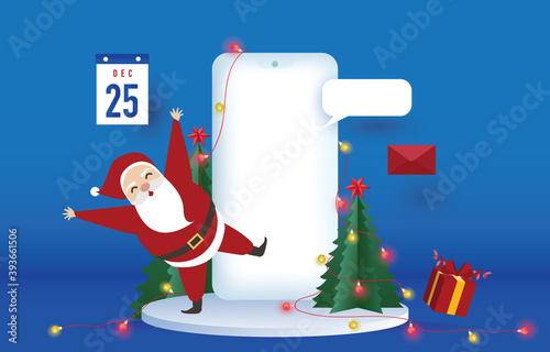 Christmas concept, Santa claus on amobile phone with gift, snow, star, Christmas tree, design for web banner, poster, Christmas invitation card and new year festival.