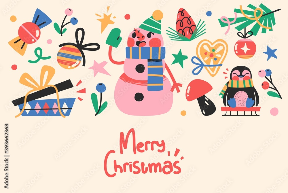 Christmas or New Year Card With Cute Christmas Characters And Objects.