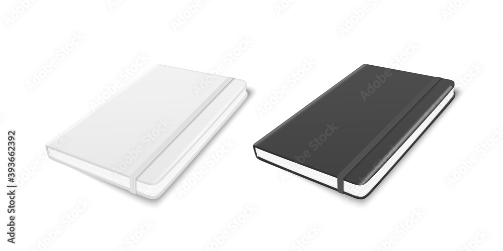 Vector 3d Realistic White and Black Closed Blank Paper Notebook with Elastic Band Set Isolated on White Background. Design Template, Copybook, Mockup, Advertise, Logo Print. Top Isometric Vector 3d Realistic White and Black Closed Blank Paper Notebook with Elastic Band Set Isolated on White Background. Design Template, Copybook, Mockup, Advertise, Logo Print. Top Isometric
