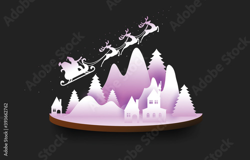 Christmas card paper art concept, Santa claus and reindeer on abstract background with snow, star, Christmas tree, design for web banner, poster, Christmas invitation card and new year festival.