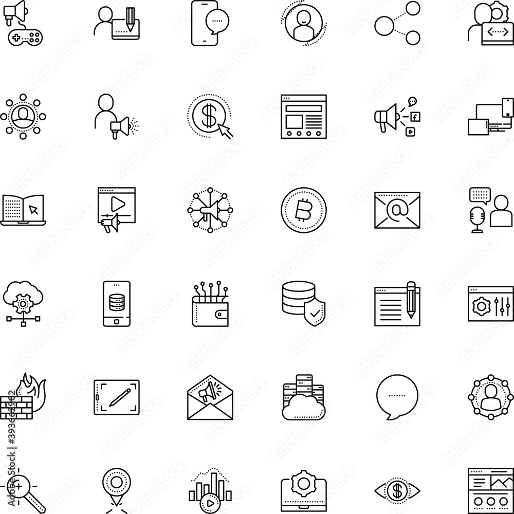 internet vector icon set such as: drawing, study, presentation, microphone, menu, entertainment, keyword targeting, content, scale, cell, movie, correspondence, cash, symbols, research, play, panel