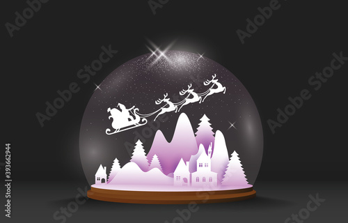 Christmas art concept, Santa claus and reindeer in glass on abstract background with snow, star, Christmas tree, design for web banner, poster, Christmas invitation card and new year festival.