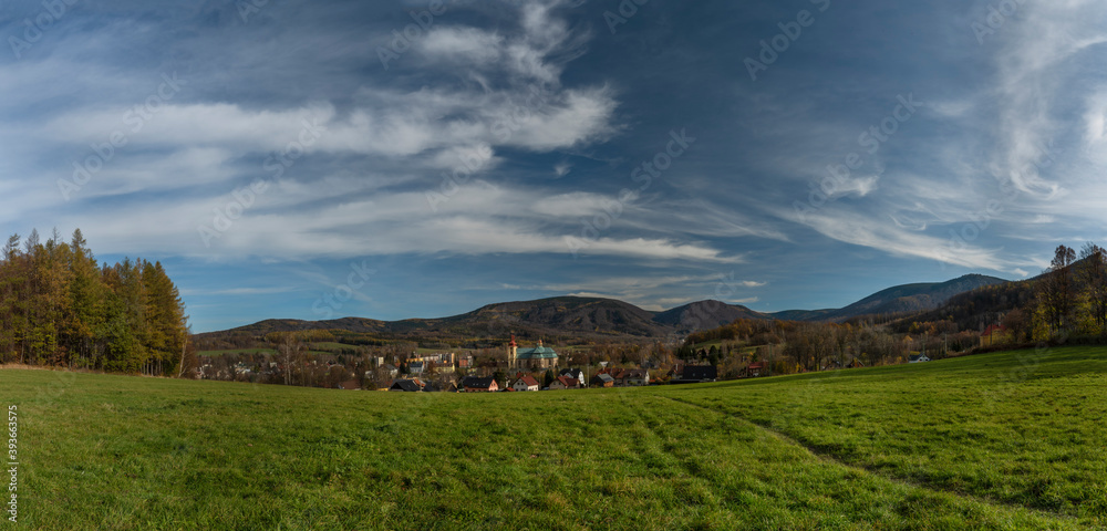View for Hejnice town in Jizerske mountains in sunny autumn day