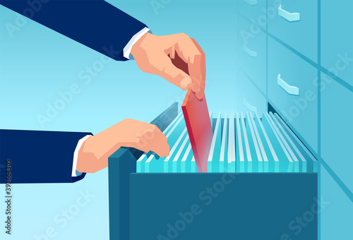Fotótapéta Vector of an office clerk pulling out red folder from a file cabinet drawer