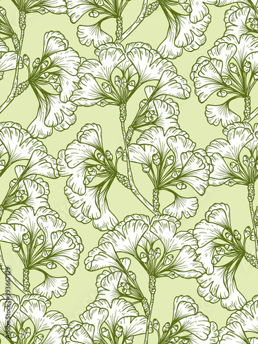 Medicinal plant Ginkgo Biloba Tree Branches. Hand drawn Leaf Seamless pattern. Green Leaves endless background. Vector illustration.