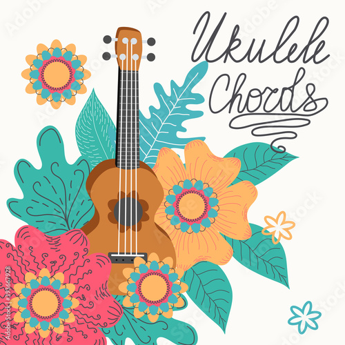 Ukulele and tropical leafs. hand drawn illustration
