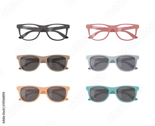Eyeglasses, sunglasses set. Flat Vector Illustration. Isolated on white background. 