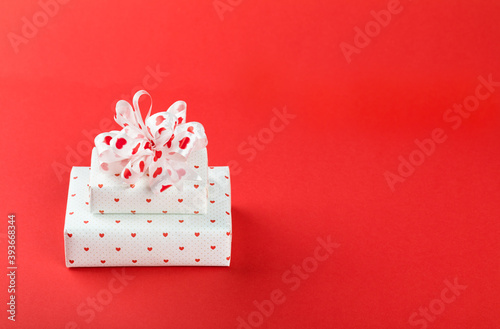 Gift Box with ribbon Red Background Valentines Day Present