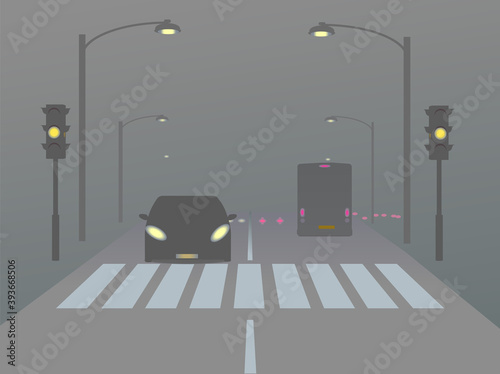 Heavy fog over highway and cars