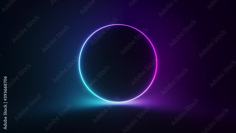 Abstract circular neon background. Fluorescent glowing neon glowing blinking light gradient. Seamless loop 3d render