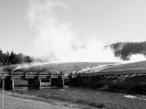 Yellowstone's hot springs in black and white