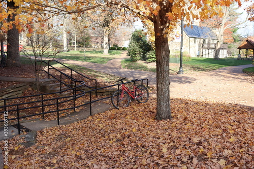 Autumn vibes and fall colors with a bicycle among fallen leaves